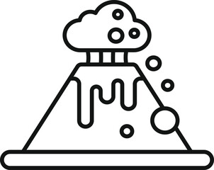 Simple line icon of a volcano erupting, with a cloud of ash and lava flowing down its side