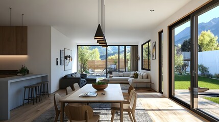 Obraz premium Modern home living room with an eating table and couch, complemented by a panoramic window