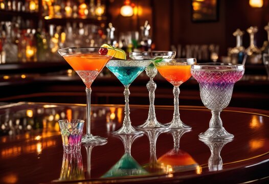 elegant vintage cocktail glasses displayed polished bar counter reflections barware accents enhancing sophisticated atmosphere, decor, style, design, shiny