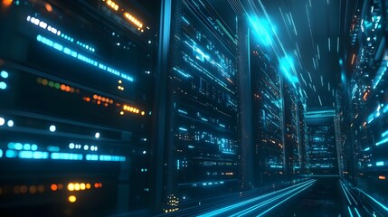 A modern data center with rows of glowing server racks, showcasing advanced digital infrastructure