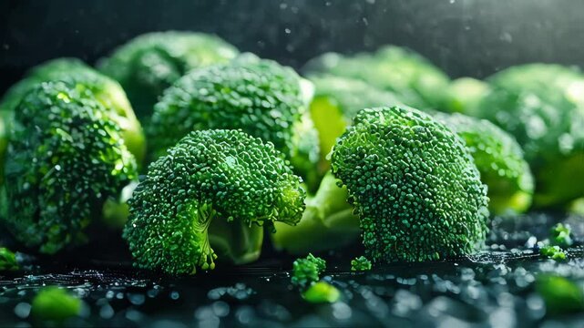 fresh bunch of broccoli, floating mid-air with water droplets glistening on the surface. The vibrant green and detailed texture of the broccoli create a dynamic food