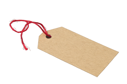 Brown kraft paper tag with red string isolated on black background. 