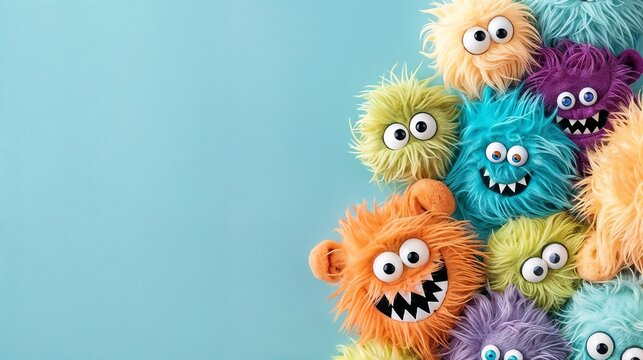 Colorful fuzzy monsters with big eyes and cheerful expressions, playful design for children's toys and decorations copy space
