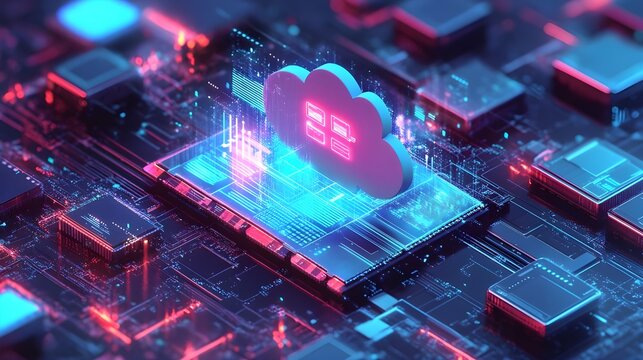 A neon-styled cloud within a digital data network, symbolizing futuristic cloud computing solutions