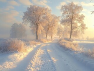 Obraz premium enchanting winter landscape featuring frosty trees and soft snow blanketing the ground creating a serene and magical christmas scene that evokes warmth and celebration during the holiday season