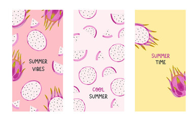 Set of three pitahaya banners templates with summer vibes for flaer designs. Isolated watercolor illustrations