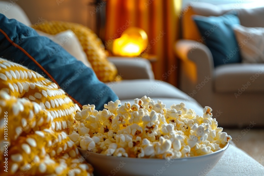 Aufkleber a warm and inviting living room setup showcases a bowl of popcorn resting on a cozy couch surrounded