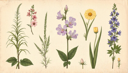 Vintage botanical illustration featuring various flowers on aged parchment background