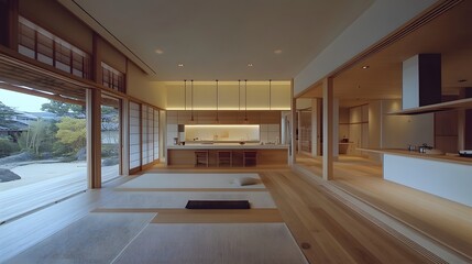 Fototapeta premium Modern Japanese minimalist interior showcasing a sleek kitchen and living room