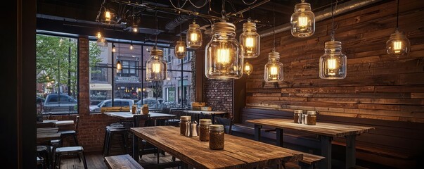 Fototapeta premium A cozy caf?(C) with reclaimed wood tables and pendant lights encased in mason jars, offering a rustic yet stylish atmosphere