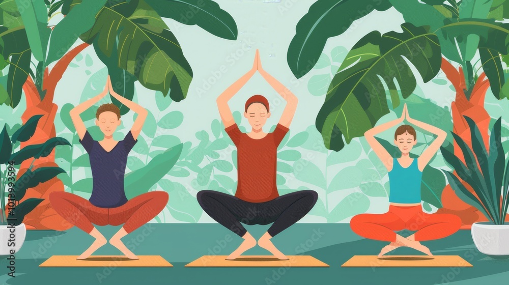 Aufkleber three people engage in yoga poses on mats in a serene indoor space, embraced by vibrant greenery and