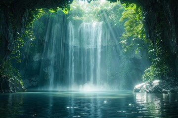 Sunlit tropical waterfall cascading into crystal-clear pool
