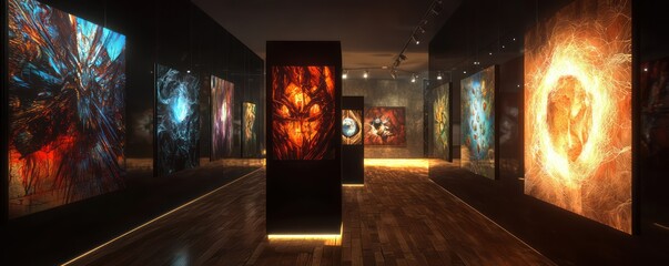 A digital art gallery with walls that are fully integrated with ambient lighting, making each...