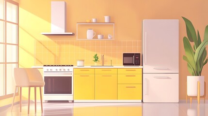 Modern kitchen interior with dedicated eating and cooking areas, equipped with kitchenware and a large window