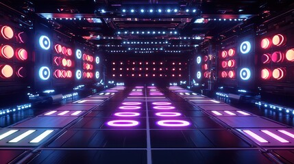 A futuristic nightclub with illuminated dance floors and reactive wall lights that change with the beats of the music