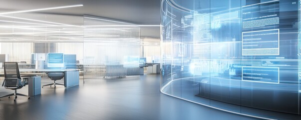 A futuristic office space with transparent OLED screens that double as light panels, providing soft illumination while displaying data
