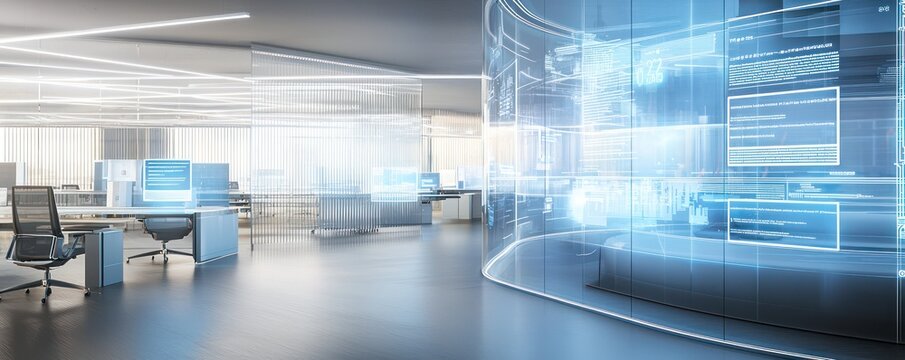 A futuristic office space with transparent OLED screens that double as light panels, providing soft illumination while displaying data