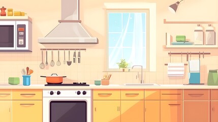 Modern kitchen interior with dedicated eating and cooking areas, equipped with kitchenware and a large window