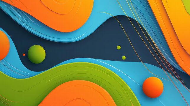 Dynamic abstract design with vibrant curves and layered shapes in blue, green, and orange tones. Accented with circular elements and lines for a bold visual. AI generative.