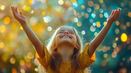 A young girl with blonde hair smiles brightly as she reaches up towards the sky, her hands open and her eyes closed in joy. The background is a blur of warm colors, suggesting a sunny day.