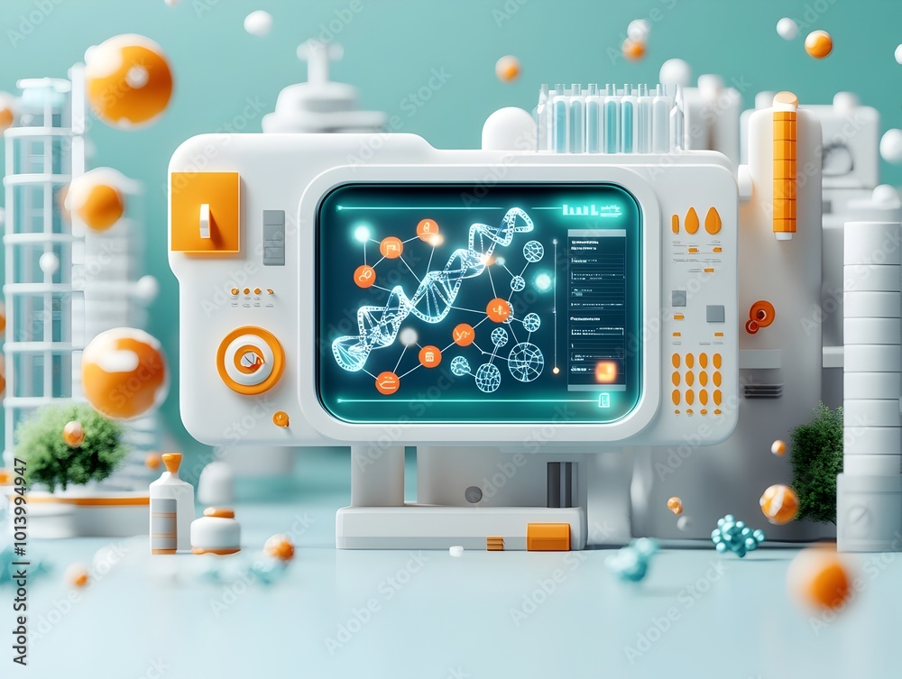 Poster 3d of a bioinformatics system showcasing a sprawling holographic dashboard displaying intricate dna 
