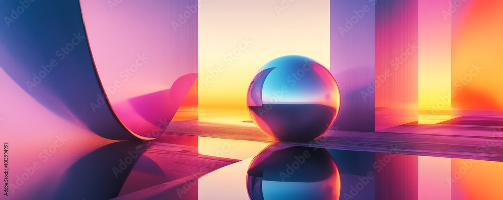 Poster Abstract sphere in colorful geometric space with reflections