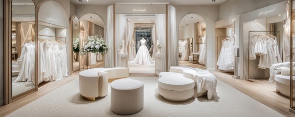 A high-end bridal boutique with spacious fitting rooms, elegant displays of wedding gowns, and a private lounge for family and friends