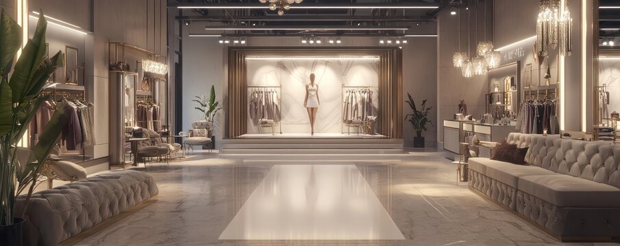 A high-end boutique with designer fashion, a runway for client shows, and plush seating areas for personal styling sessions