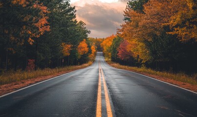 Fototapeta premium Empty road leading towards trees at sunset