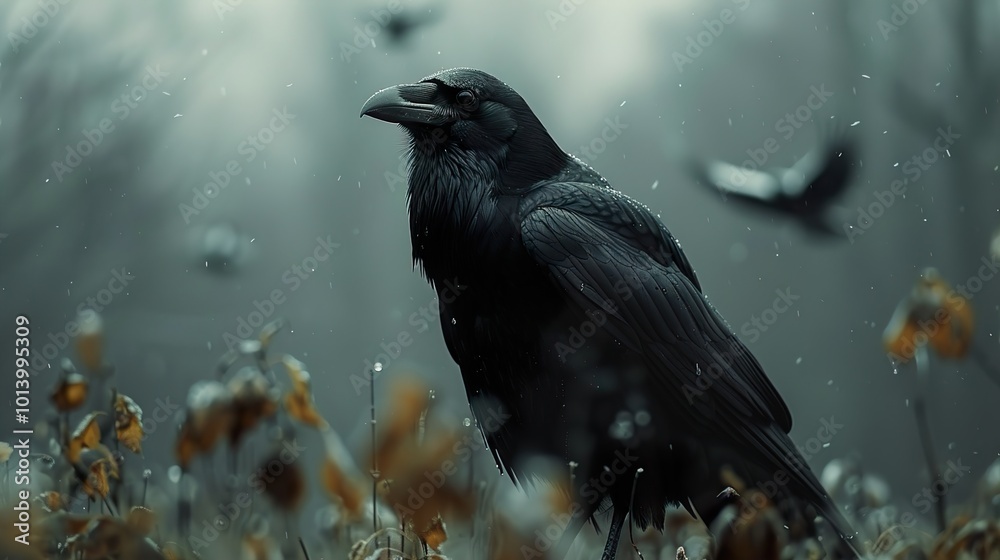 Poster Black Crow in the Rain: A Mystical Portrait