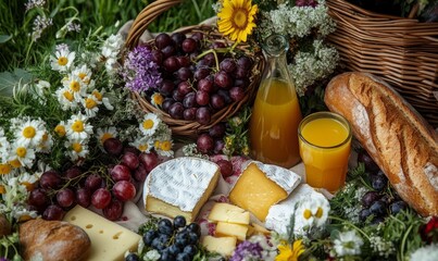 picnic with basket and flowers, juice, grapes, cheese and baguette