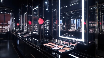 Fototapeta premium A high-end makeup store with adjustable lighting at each mirror, allowing customers to see how products look under different lighting conditions