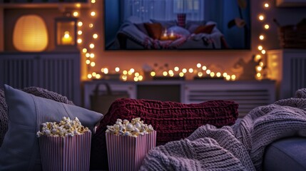 A cozy living room adorned with soft blankets, popcorn, and twinkling lights, creating a perfect setting for a winter movie night. Generative AI