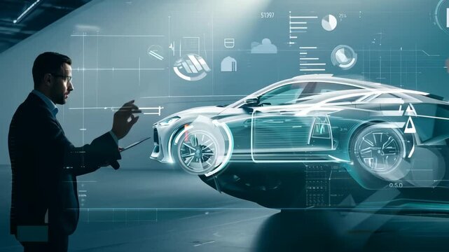 Car hologram futuristic hologram EV cars dealer engineer showroom hangar electric vehicle interactive automobile model development test drive future carbon-free emissions clean energy transportation