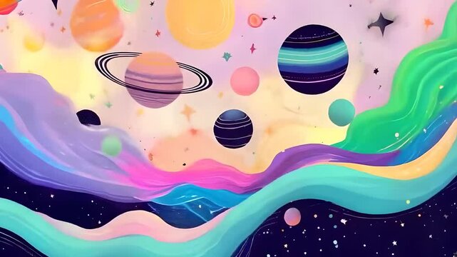 Whimsical celestial pattern featuring pastel planets, stars, and galaxies with swirling waves and cosmic elements