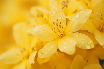 Obraz premium A close up of a yellow flower with droplets of water on it. The flower is surrounded by other yellow flowers, creating a vibrant and lively scene