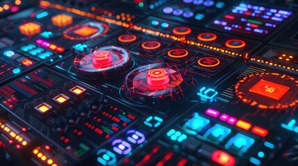 Obraz premium Futuristic Sci-Fi Control Panel with Neon Buttons for Tech and Gaming Event Designs
