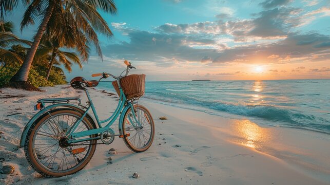 vintage bike on the seaside beach, bicycle on the beach. vacation with a bicycle. A parked bicycle on the beach with tropical palm trees