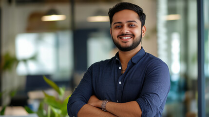 Obraz premium Handsome indian male office employee standing with his arms crossed, looking at the camera and laughs. Portrait of cheerful young man wearing smart casual shirt in modern coworking