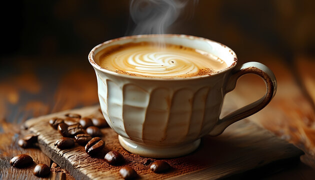 Steaming cup of latte with cinnamon on a wooden surface