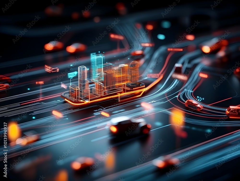 Poster interconnected urban mobility system with luminous wireframe forms dynamic composition and digital i