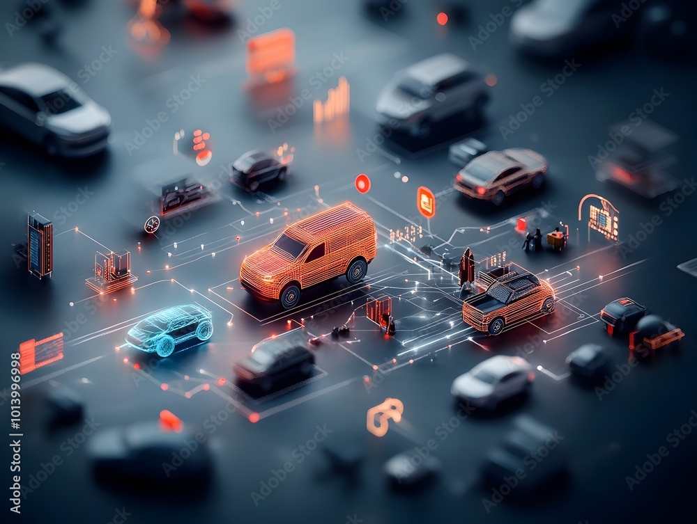 Poster interconnected urban mobility system with luminous wireframe forms in dynamic digital abstract data 
