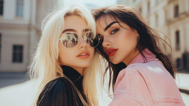 Confident blonde girl in sunglasses enjoying outdoor photoshoot with best friend. Stunning dark-haired female model embracing sister on the street teather Odessa.