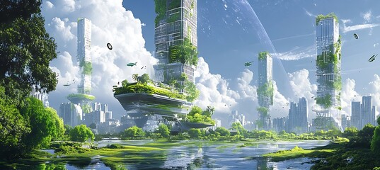 A futuristic city skyline with innovative skyscrapers, green spaces, and sustainable design