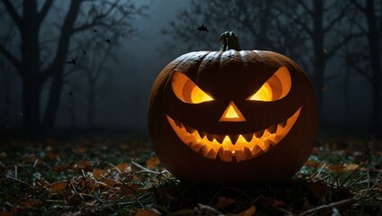 A carved Halloween pumpkin glows amidst bats on a foggy night.