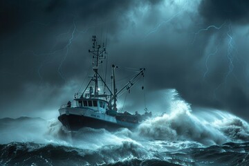 Fototapeta premium Dramatic Stormy Sea Adventure: Fishing Trawler Battling Waves and Lightning