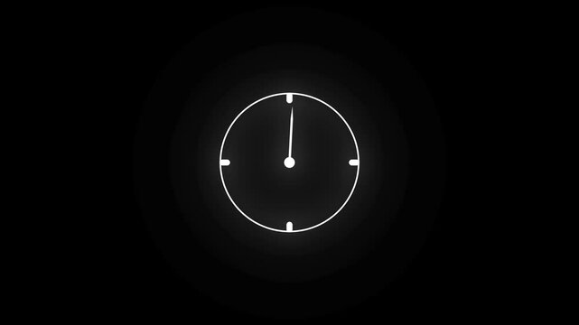 Glowing clock. Animation time lapse of a clock. White clock hands on green clock face. Time pointer ticks in 12 hour time loop. Concept Wall clock on black background with copy space. 