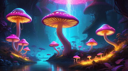 Fantasy Landscape with Glowing Mushrooms and Surreal Sun