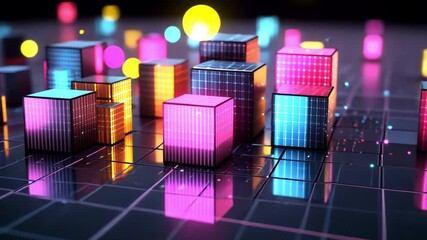 Vibrant digital cubes glowing with neon colors stacked in a futuristic high-tech cyber environment - Powered by Adobe