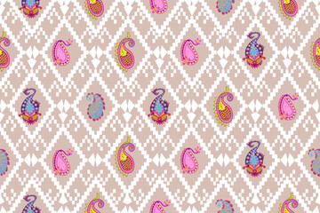 Paisley embroidery pattern ikat seamless geometric shapes. Illustration, vector, wallpaper border.